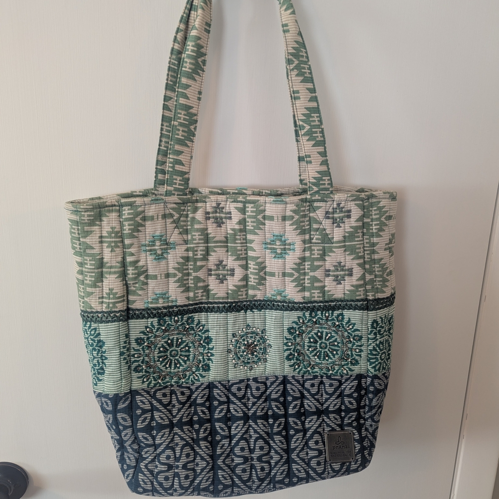 Prana Quilted Patterned Tote in Teal, Navy & Cream